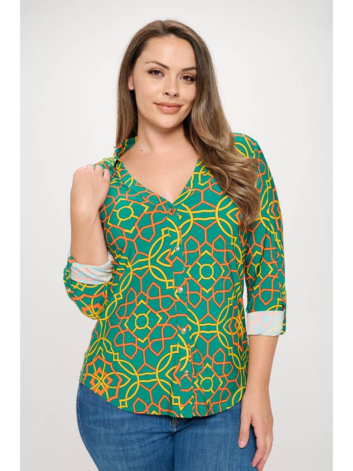 DNA Couture - Vendita all'ingrosso Camicetta - Donna - Blusa Taglie Forti con Bottoni - Stampa Astratta e Geometrica3