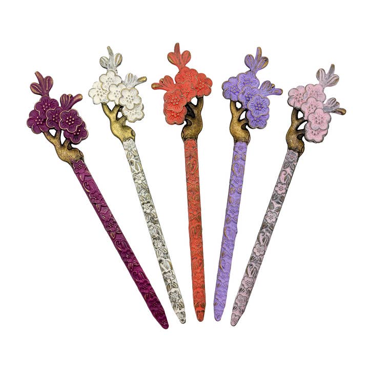 Cherry Blossom Hair Stick - Hand-Painted Bronze Hairpin for wholesale by Gleeful Peacock
