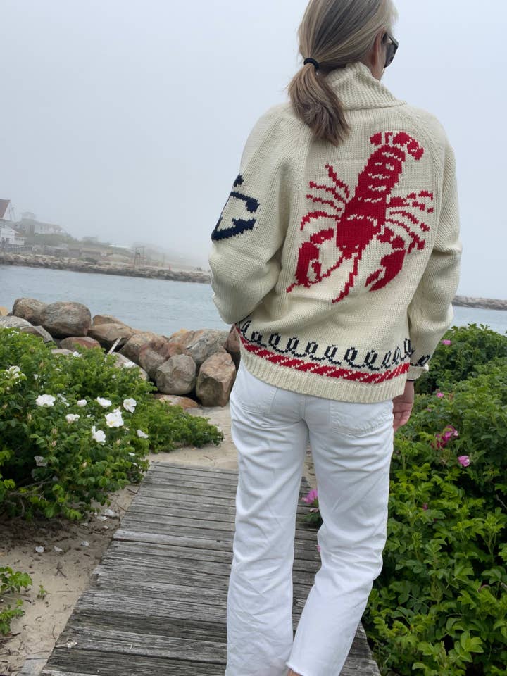 Lobster Varsity Cardigan with Vintage Trim in Ivory/Red for wholesale by Pink Pineapple
