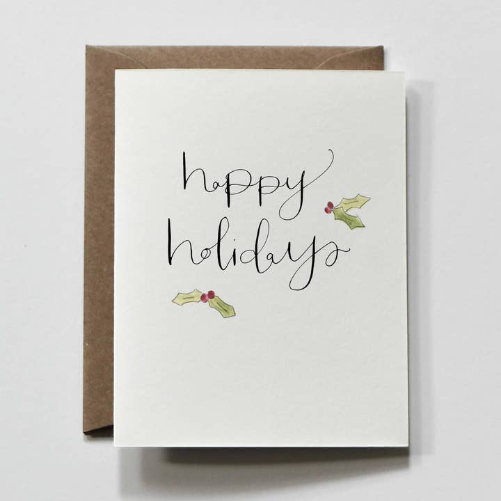 everglow handmade - Wholesale Season's Greetings Card - Happy Holidays | Holly Minimalist Holiday Greeting Card0