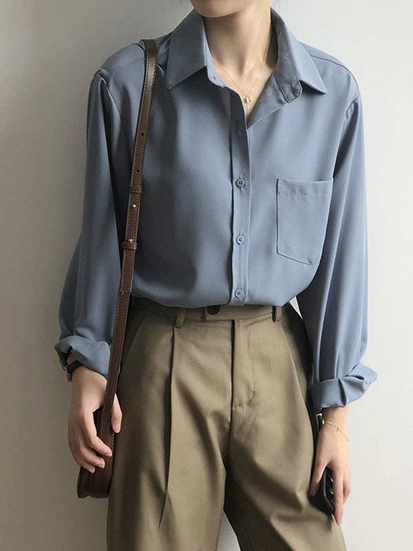 UZ Wholesale Store - Wholesale Button Down Shirt - Women's - Urban Solid Color Lapel Long Sleeves Blouse14