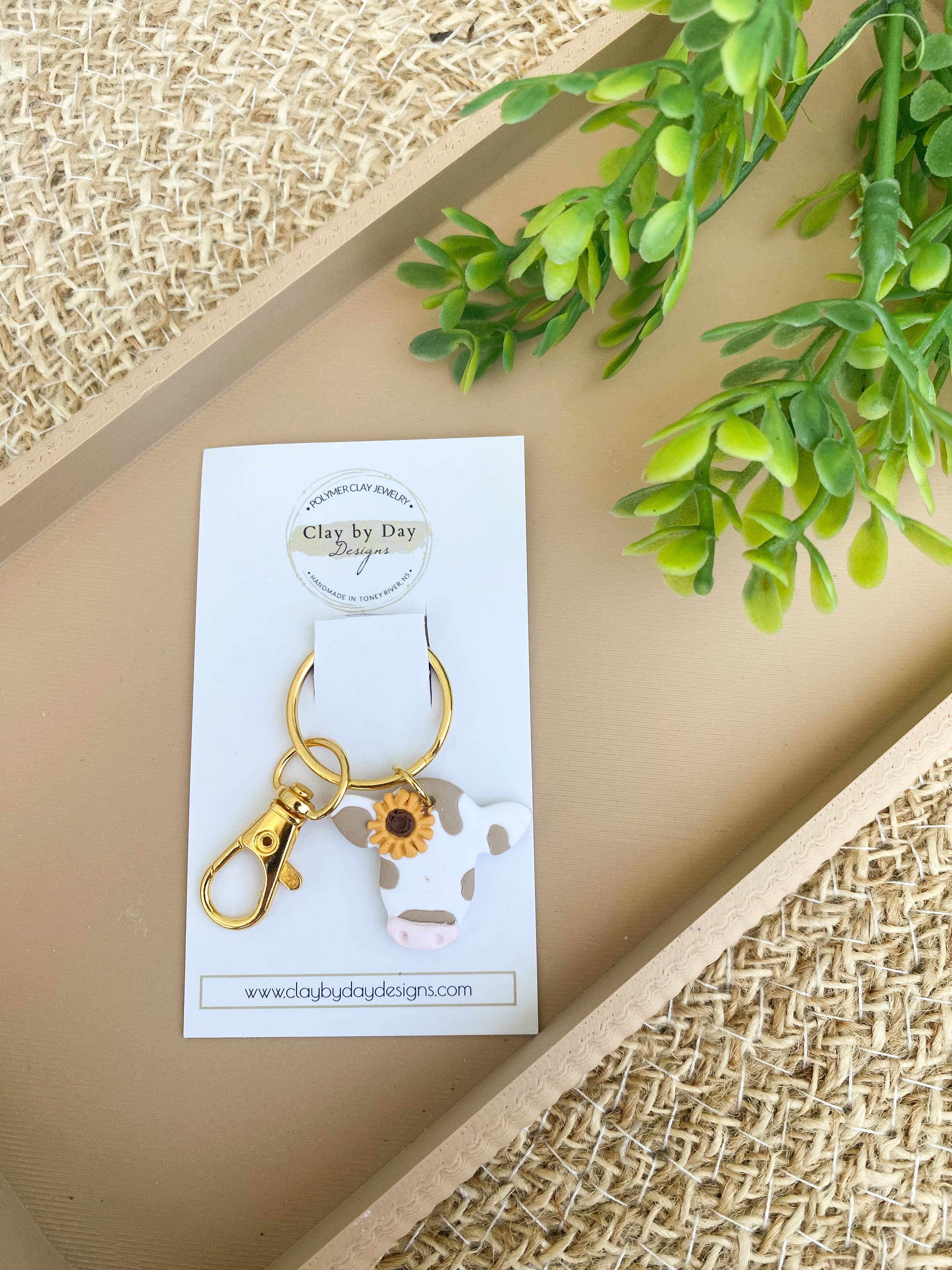 Clay by Day Designs - Vente Porte-clés – unisexe - Vache Florale - Porte-clés Western en Argile Polymère2