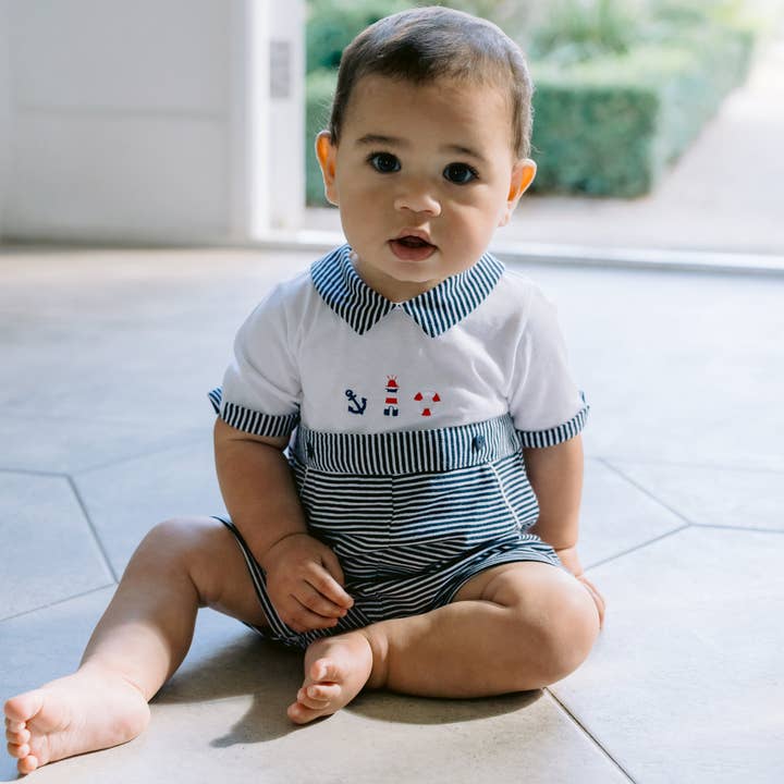 Finch Navy Nautical Boys Romper for wholesale by Emile Et Rose