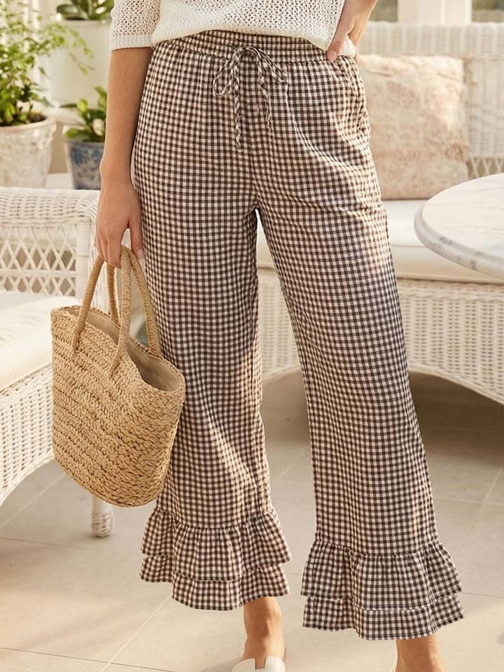 Gingham Casual Ruffled Hem 100%Cotton Cropped Pants VP83379A for wholesale by Vine & Love