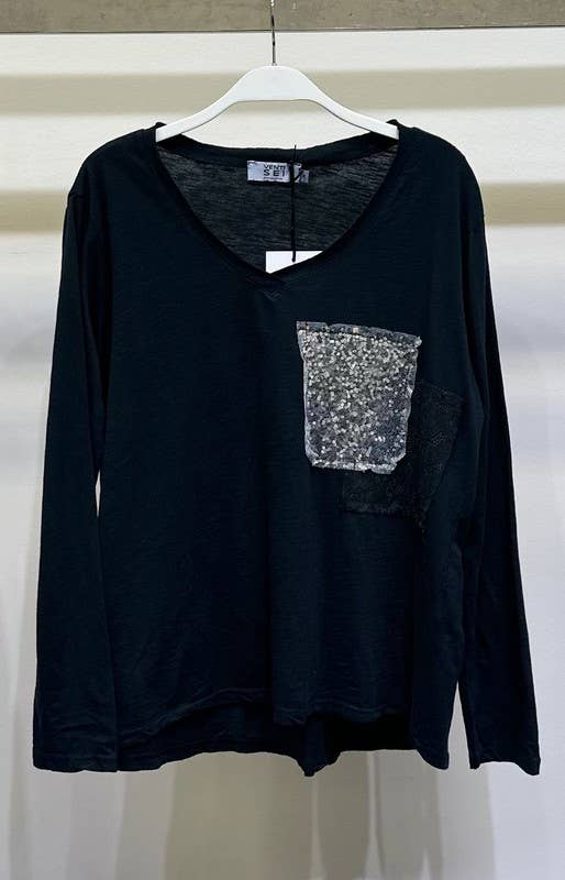 Black V-NECK L/S TOP WITH SEQUIN & LACE PATCH (41718-SEQUINLACE) for wholesale on Faire0