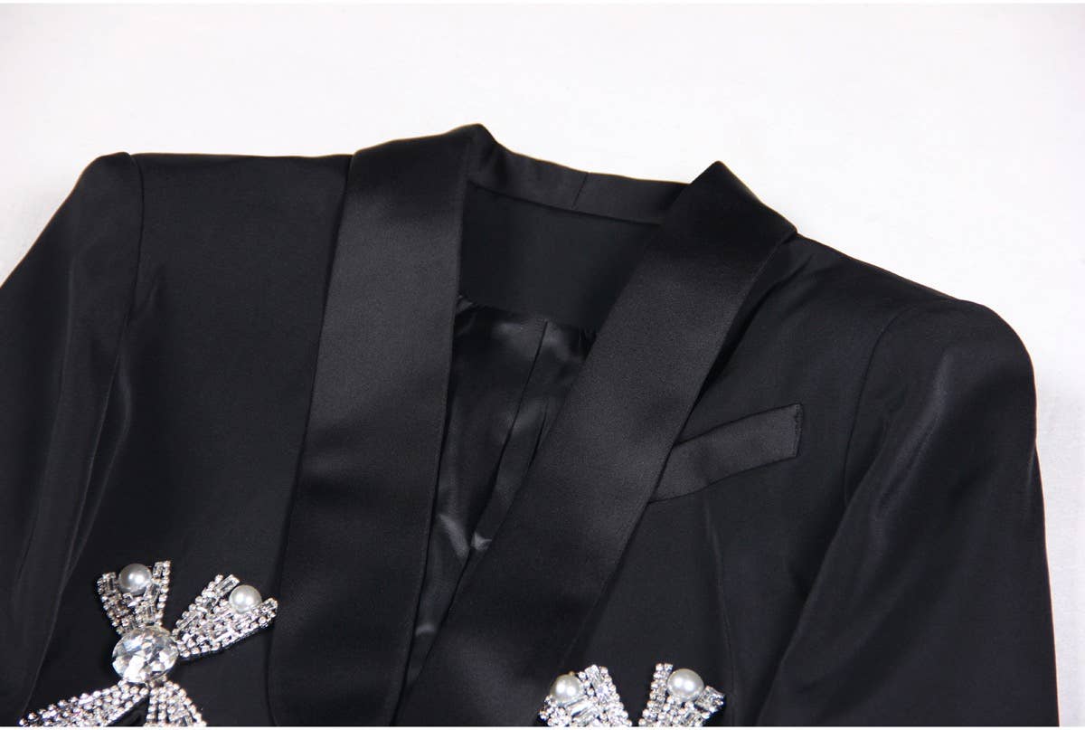 Negro SET073 Elegante conjunto de traje y falda con lazo con diamantes de imitación de venta al por mayor en Faire4