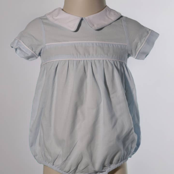 Blue Baby Boy Bubble with White Peter Pan Collar for wholesale by Hello Bebes!