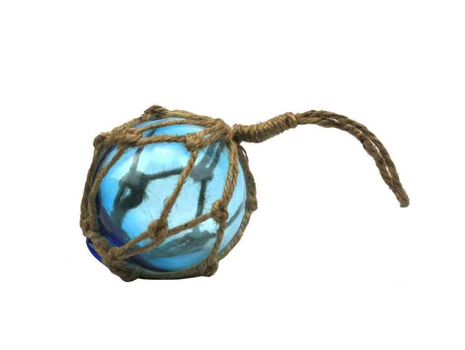 Hampton Nautical - Wholesale Ornament - Light Blue Japanese Glass Ball Fishing Float With Brown Netting Decoration 3"0