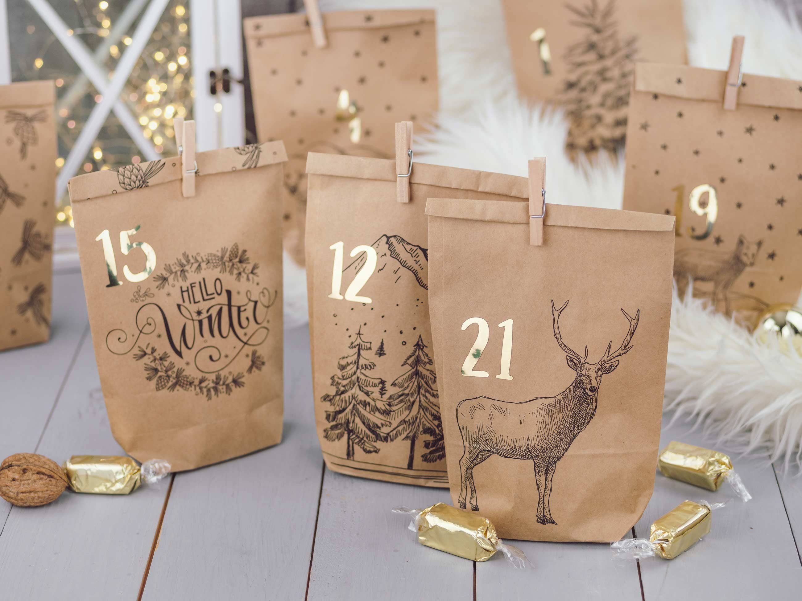 Papierdrachen – Großhandel Adventskalender – Adv Bedruckte Tüten - Packpapier schwarz - Set 24