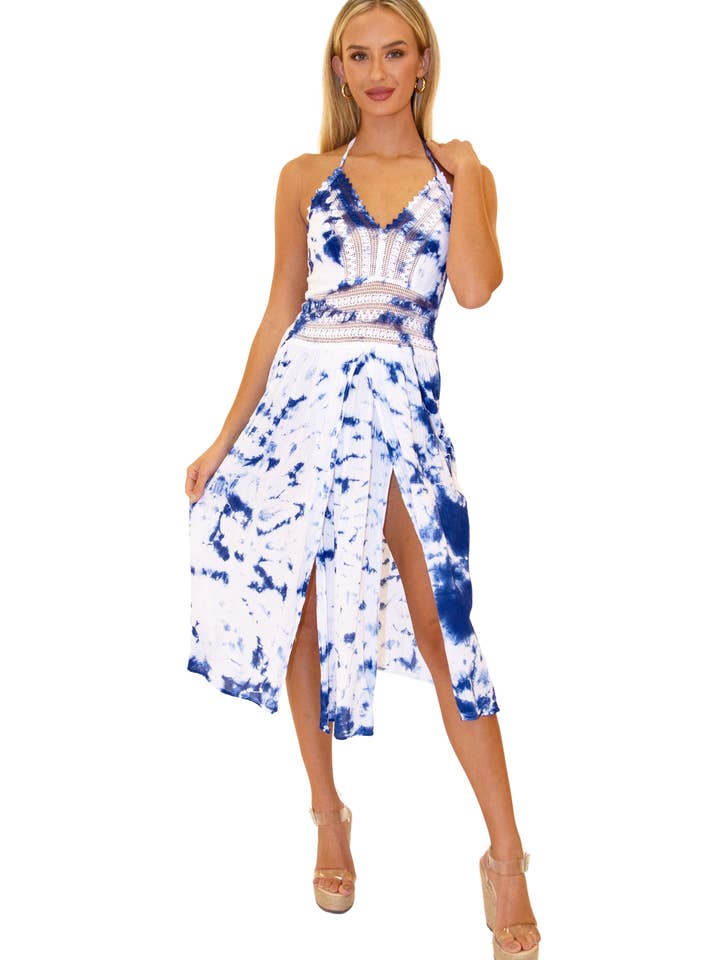 Vestido Midi de Algodão com Duas Aberturas Frontais - Tie Dye Azul por atacado de Seaspice Resort Wear