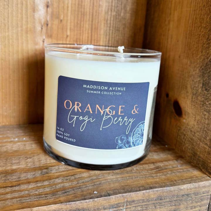 Maddison Avenue Candles Company - Venta al por mayor Velas en tarros - Vela cilíndrica de naranja y bayas de Gogi, 100% soja