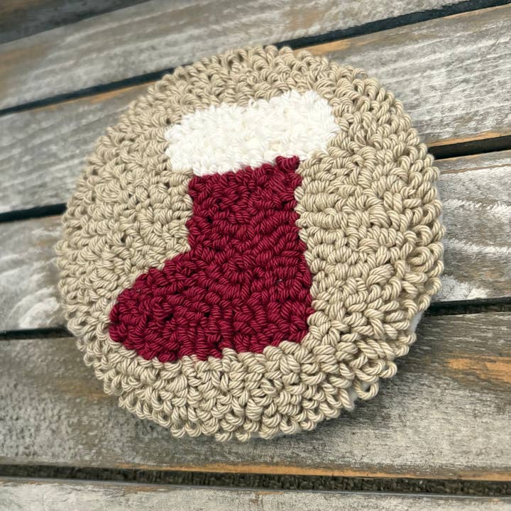 Chickadee Creations - Wholesale Coasters - Christmas stocking coffee coaster, mug rug, punch needle1