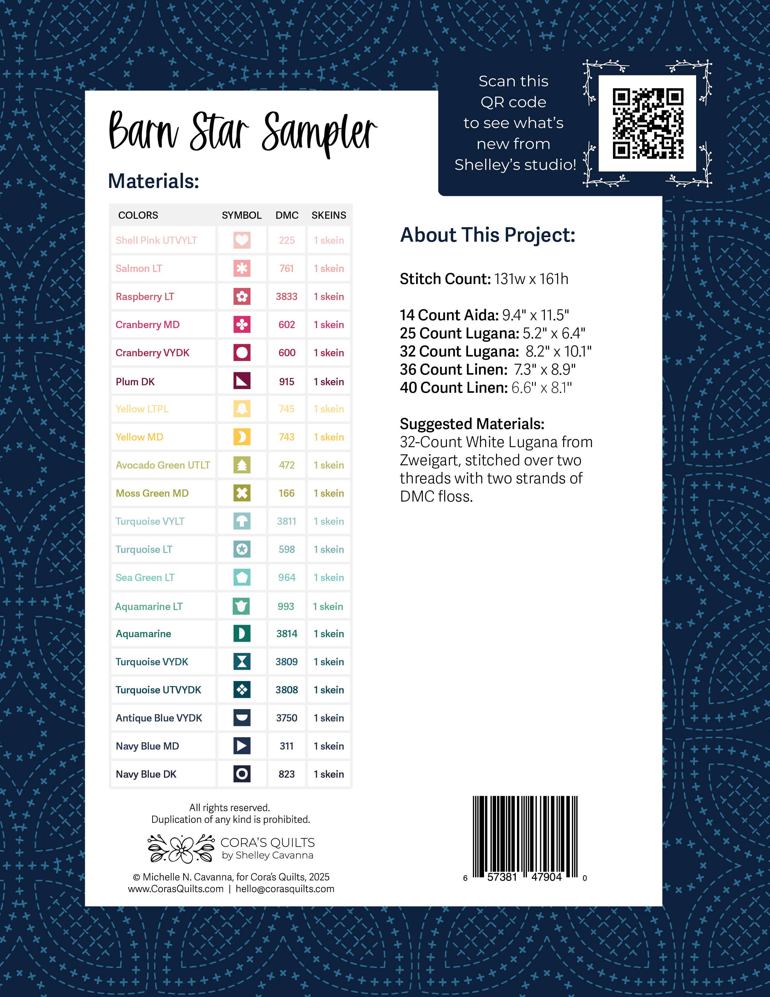 Cora's Quilts - Wholesale Craft Sewing Kit - Barn Star Sampler Counted Cross Stitch Pattern, CQ-CS0071