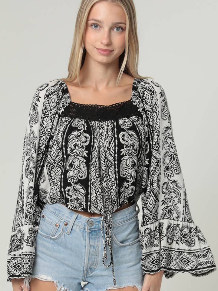 C2D49-A938 LACE TRIM WIDE BELL SLEEVE DRAWSTRING HEM TOP for wholesale by ANGIE