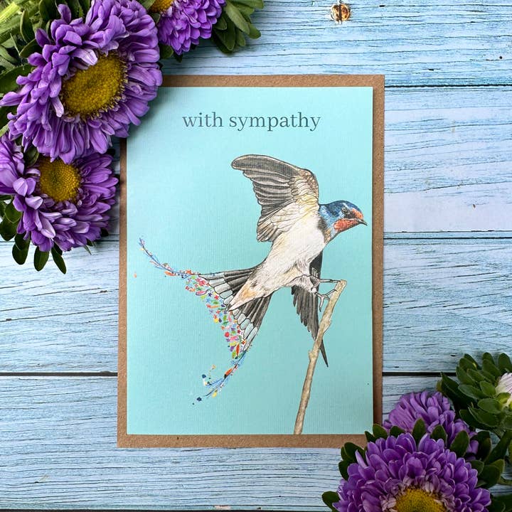 Jen Winnett Eco Artist – wholesale Sympathy card – With Sympathy | Eco Friendly Card Blank | Colourful Swallow