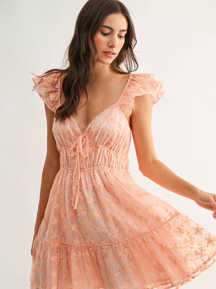 CJD27087 Chiffon Flutter Embroidered Sleeve Mini Dress for wholesale by Camellia