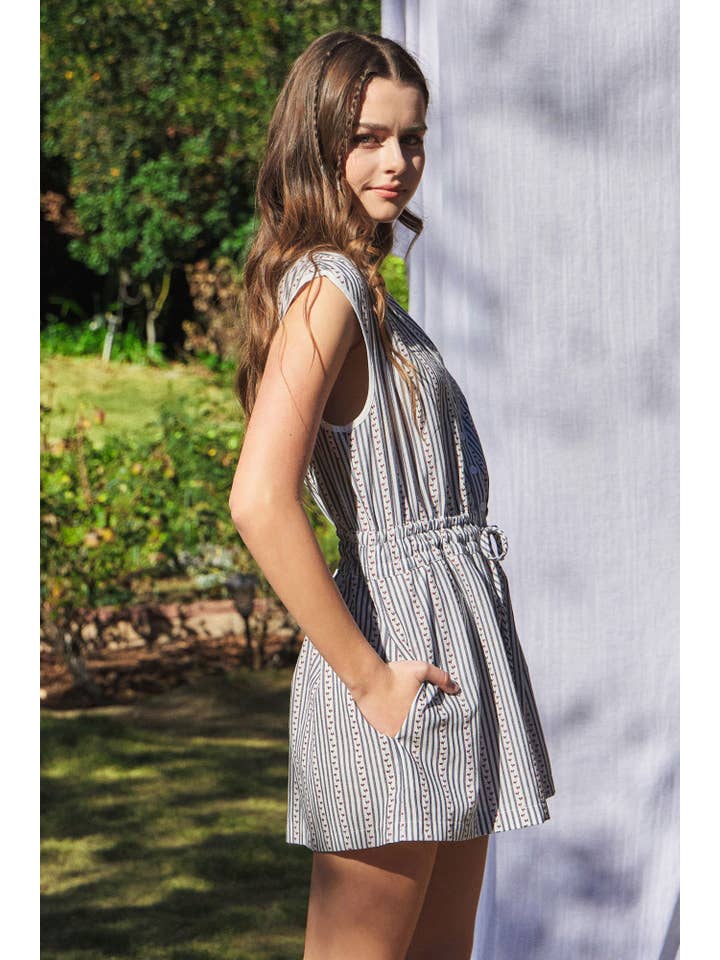 NIGHT BLUE ELASTIC BANDED WAIST ROMPER for wholesale on Faire1