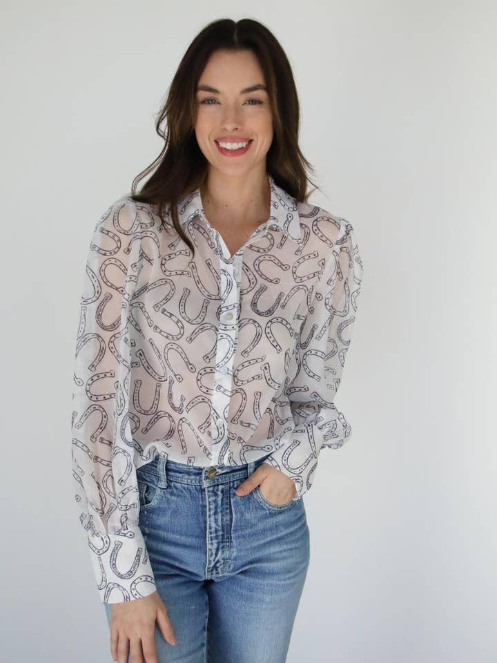 Turquoise Haven - Wholesale Button Down Shirt - Women's - TH11 HORSESHOE WHITE BLOUSE (7 Piece)