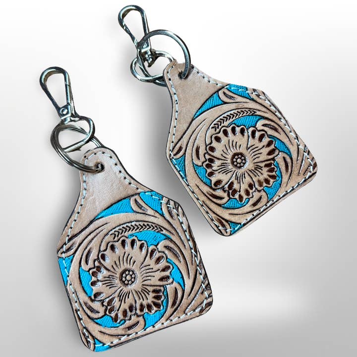 Tooled Leather Livestock Cow Tag Keychain for wholesale by Westrian International