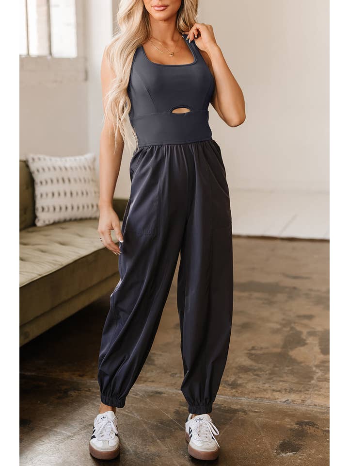 Carbon Grey Solid Cross Back Jogger Jumpsuit for wholesale on Faire