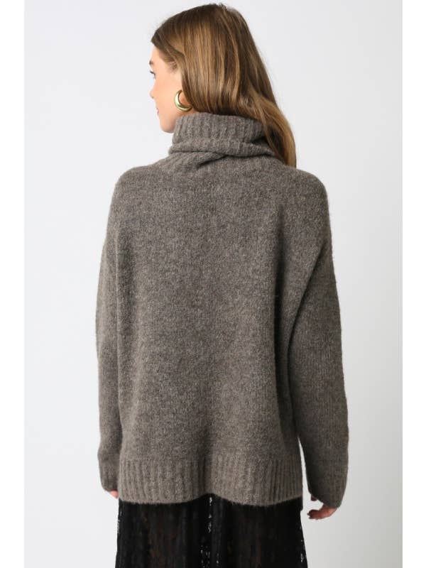 Olivaceous - Wholesale Knit Sweater - Women's - Fuzzy Turtleneck Oversized Sweater3