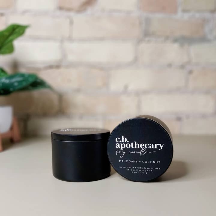 Mahogany + Coconut - 6oz Soy Candle Matte Black Tin for wholesale by C.B. APOTHECARY