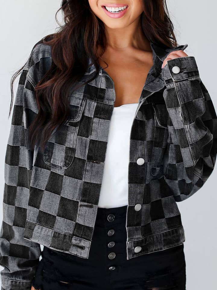 Lovesoft - Wholesale Denim Jacket - Women's - Women's Checkered Patchwork Button up Denim Jacket