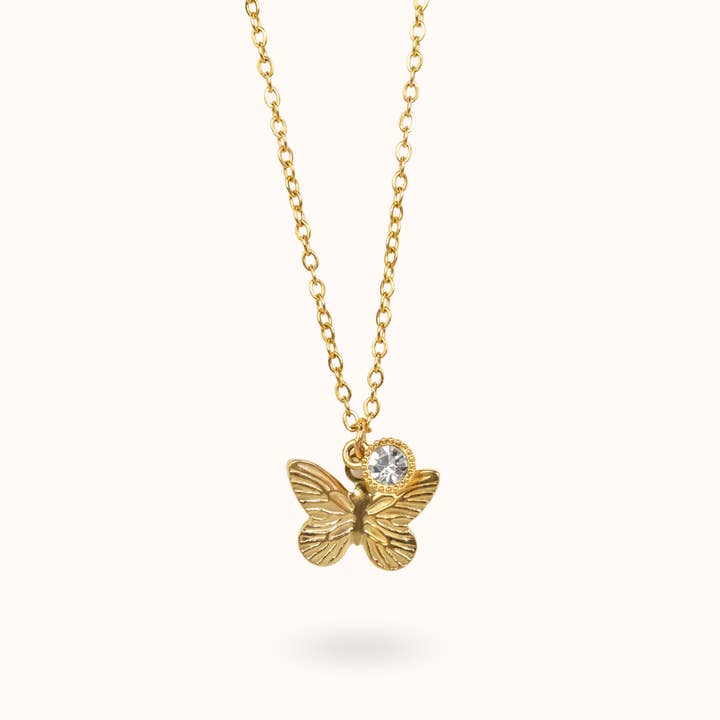 Butterfly Birthstone Necklace Gold voor wholesale door Blue Buddha Jewelry