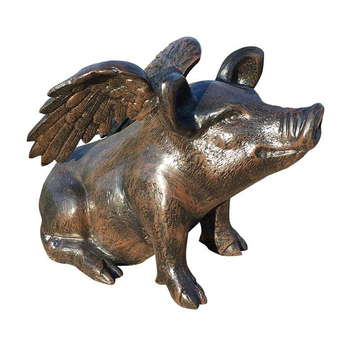 Sanyork Fair Trade - Wholesale Outdoor Ornament/Decor - Sitting Flying Pig Metal Garden Statue Bronze Color Recycled