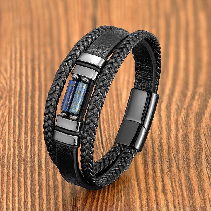 Gemcohub - Wholesale Bangle Bracelet - Vintage Braided Layered Leather Stone Bracelet