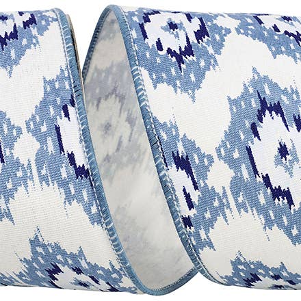 RELIANT RIBBON - Wholesale Ribbon - Gift Wrapping - Ikat Canvas Wired Edge, White/blue, 4 In, 10 Yards