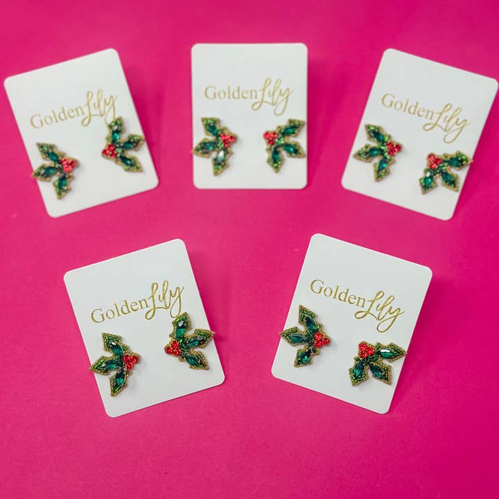 Golden Lily - Wholesale Stud/Post Earrings - Christmas Stud Earrings - Holly Stud Earrings