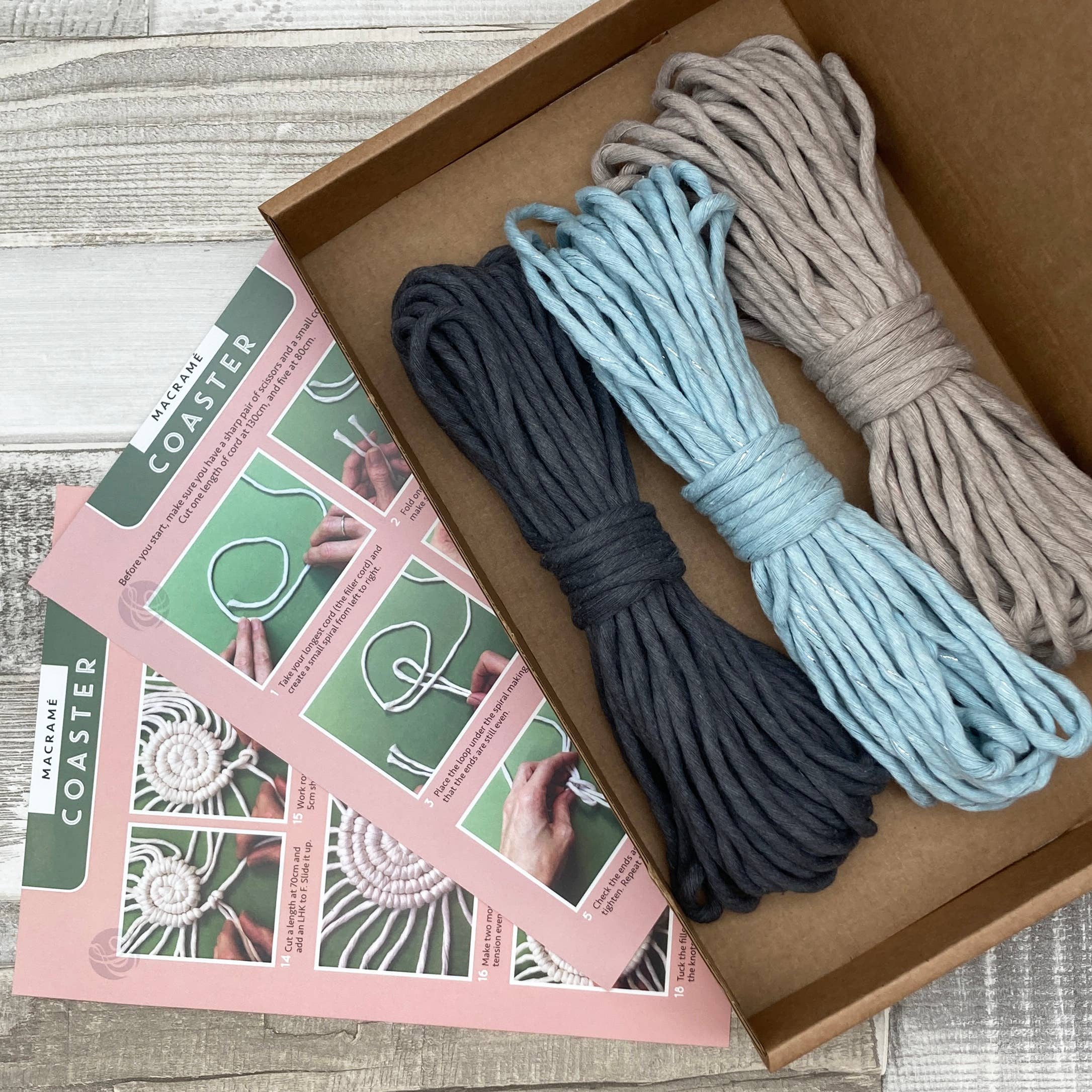 Bergin & Bath - Wholesale DIY Craft Kit - Macrame Kit Coasters - Mist Blue, Pearl and Charcoal2