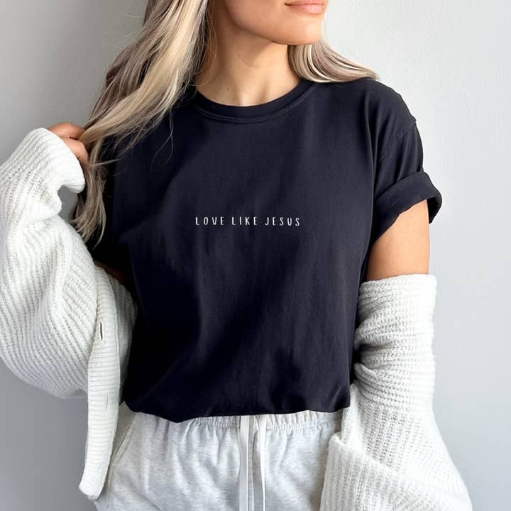 Scripted Pearl - Wholesale T-Shirt - Women's - Love Like Jesus Embroidered Comfort Colors Christian T Shirt5