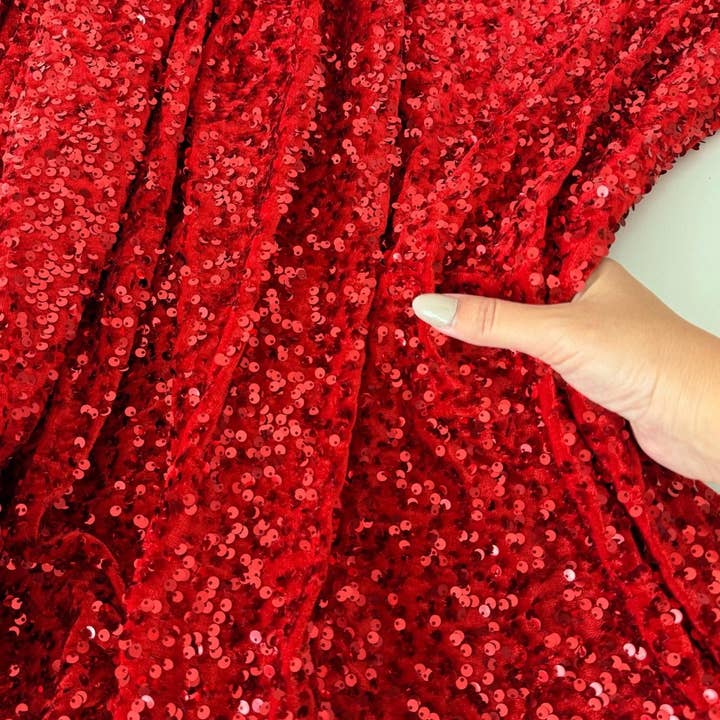GalaTextile - Wholesale Fabric - Best Price Sequin Velvet Fabric, Stephanie Overlap Sequins With Velvet Fabric Sold by Yard, Sparkly Fabric for Gown, Red, Green, Red, Pink1