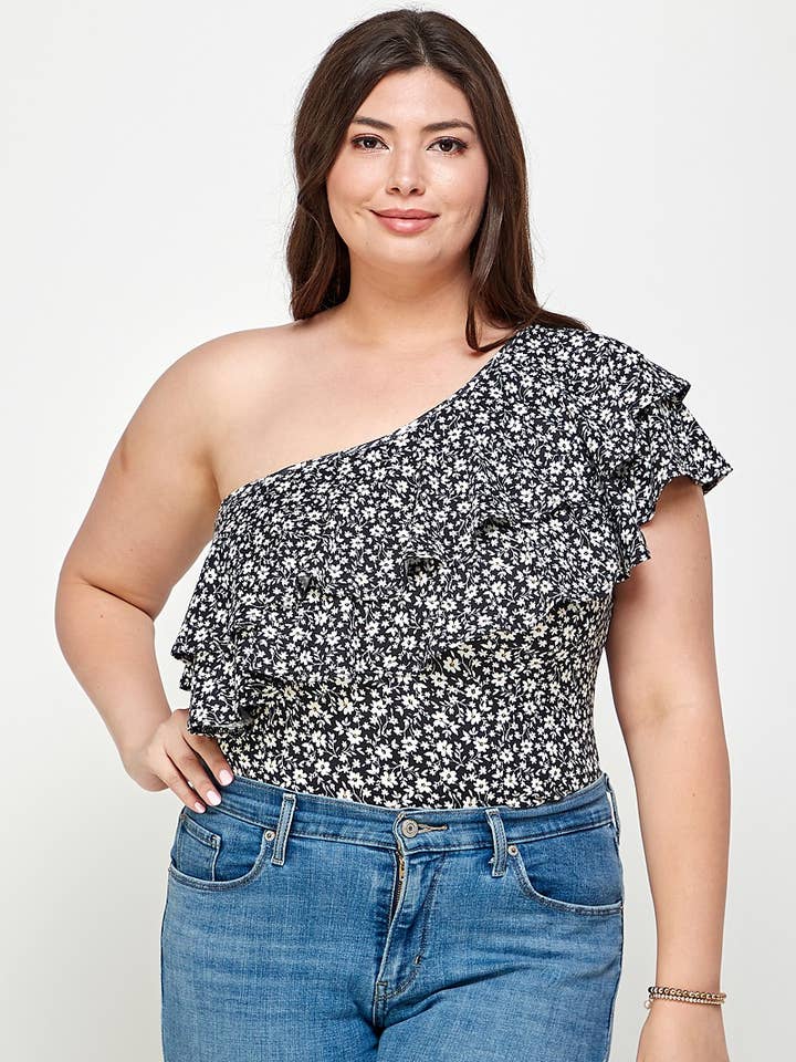 Plus Size Ditsy Floral One Shoulder Bodysuit - KY18022-BS for wholesale by Haute Fox Plus Size & Contemporary