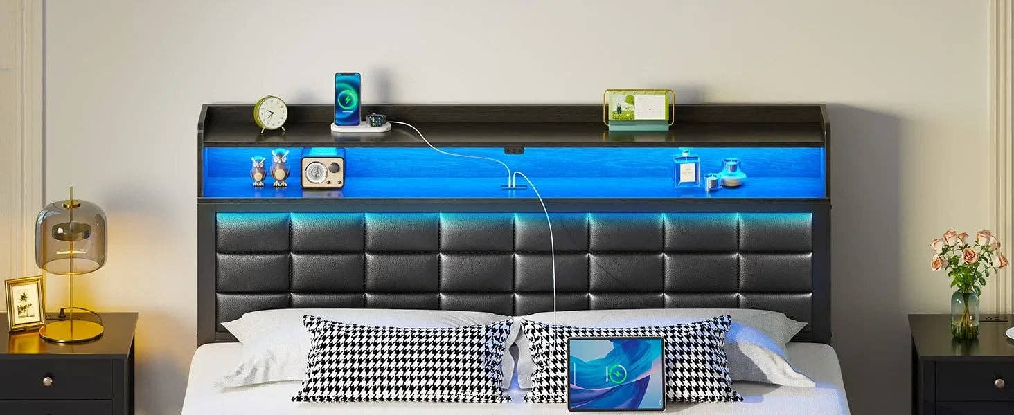 American Smart - Wholesale Bed - Bed Frame with Storage Headboard & 2 Drawers,Upholstered Platform Bed with Charging Station & LED Light,Heavy Duty Frame Support10