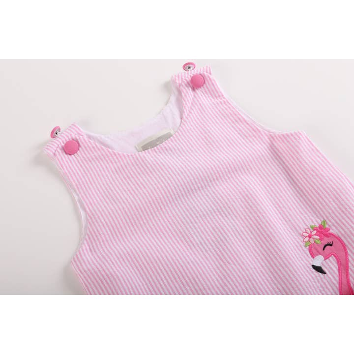Lil Cactus - Wholesale Dress - Kids - Pink Seersucker Flamingo Ruffle Dress