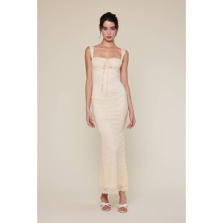 FLORAL EMBROIDERED SLIM FIT-IN LACE MAXI DRESS for wholesale by Sky to Moon