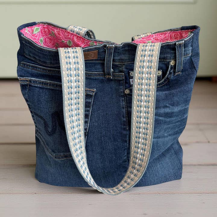 AG Upcycled Premium Denim Tote Bag - fuchsia floral for wholesale by Indigo Bags