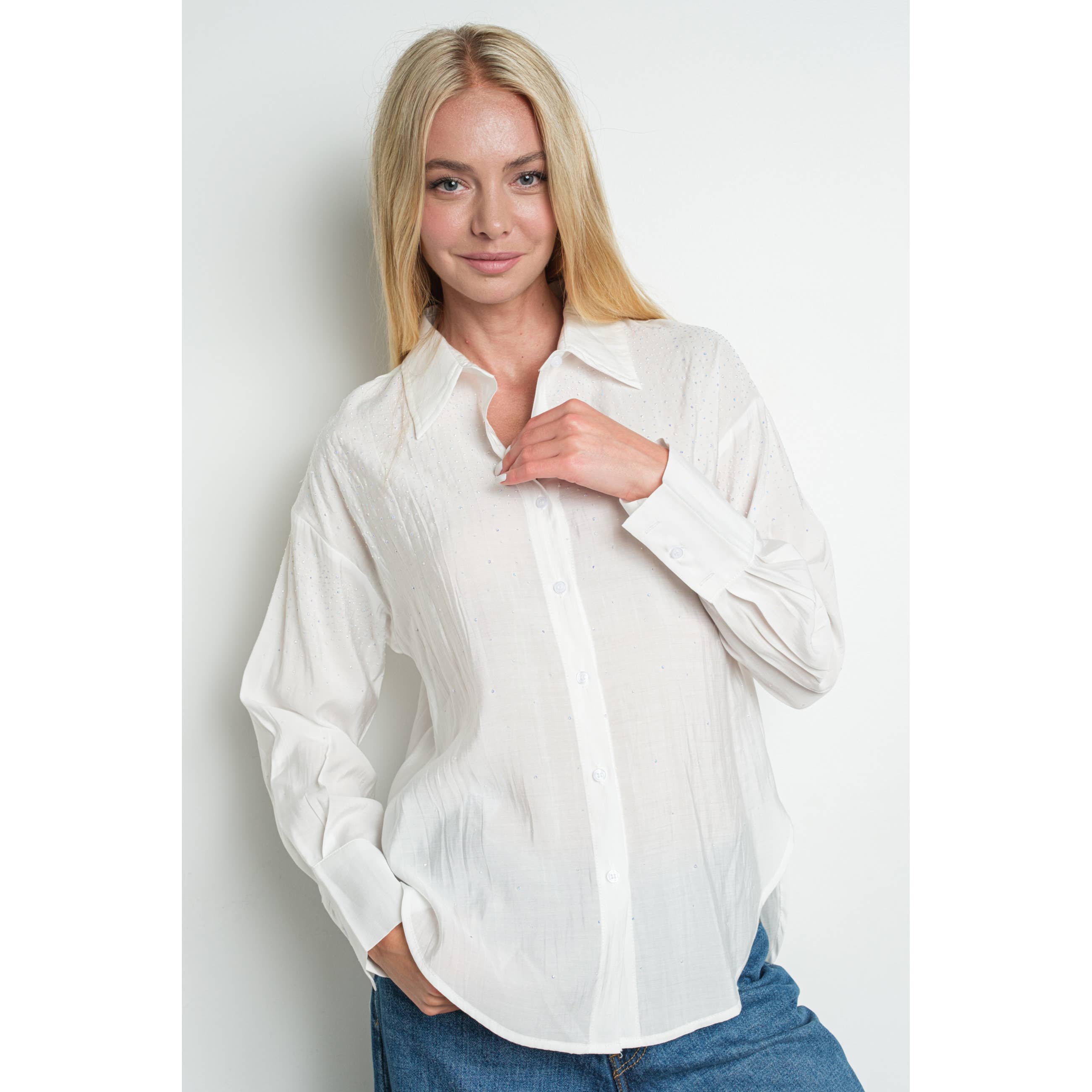 KIWI – wholesale Buttoned-down shirt – Women's – IT3216 Iridescent Rhinestone Embellished Button Up Shirt8