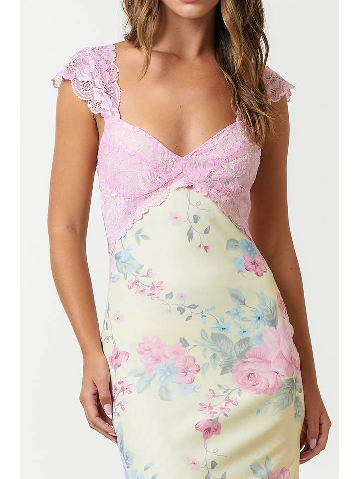 Blue Blush - Wholesale Dress - Women's - IBD30145 MESH FLORAL PRINT LACE DETAIL SIDE SLIT MAXI DRESS