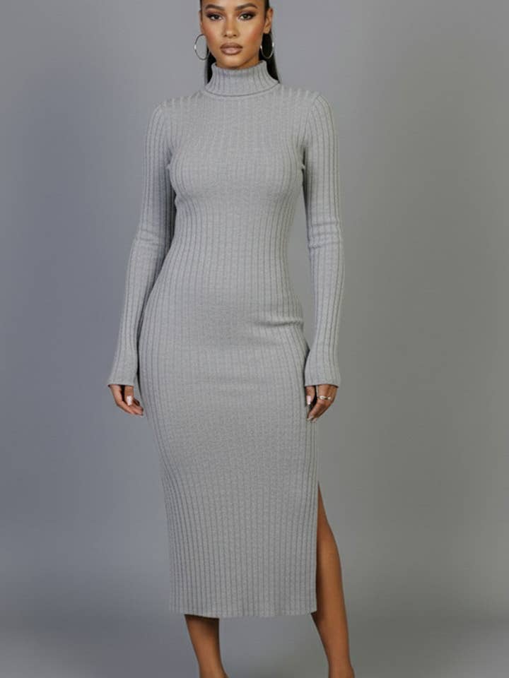 Sweater-Knit Fuzzy Turtle Neck Split Thigh Dress for wholesale by CAPELLA APPAREL