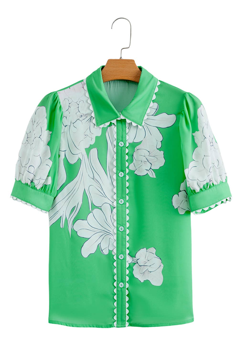 Aapparella - Vente Chemise à col boutonné – femme - Haut à boutons avec manches bouffantes et bordure en croquet floral | S-XL18