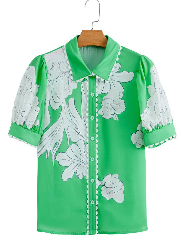 Aapparella - Vente Chemise à col boutonné – femme - Haut à boutons avec manches bouffantes et bordure en croquet floral | S-XL18