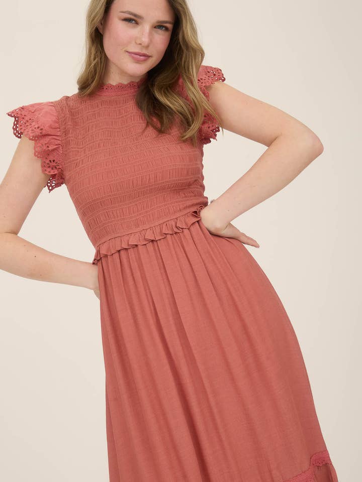 Blu Pepper - Wholesale Dress - Women's - SMOCKED EYELET TRIM RUFFLE DETAIL MIDI DRESS