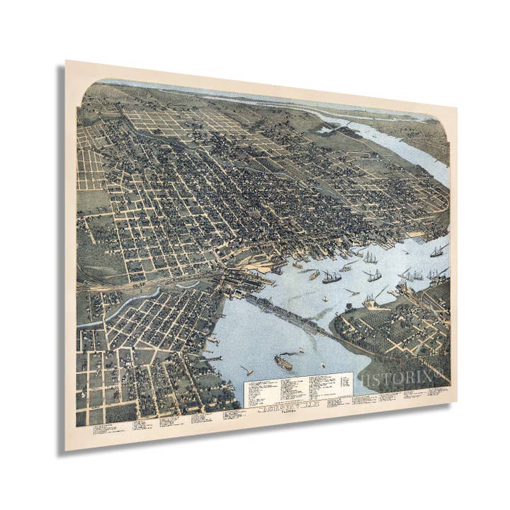 Historic Prints - Wholesale Map - 1893 Jacksonville Florida Map - Jacksonville Map Wall Art - Old Jacksonville FL Map - Bird's Eye View Vintage Map of Jacksonville Florida with Points of Interest