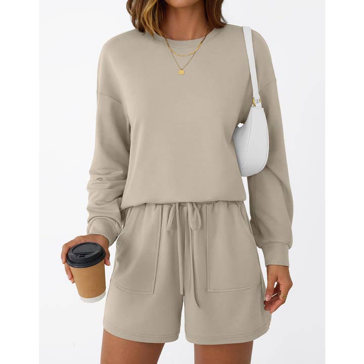 UNISHE - Venta al por mayor Conjuntos de top y pantalón corto (NO para estar en casa) - Mujer - Conjunto de moda casual de sudadera de manga larga y pantalones cortos MD2329