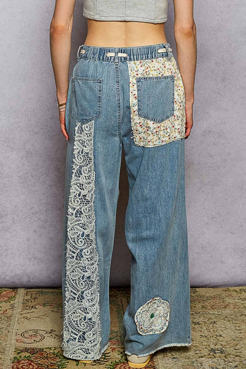 Pol Clothing - Vente Jean – femme - Pantalon en denim à cordon de serrage avec empiècement floral28