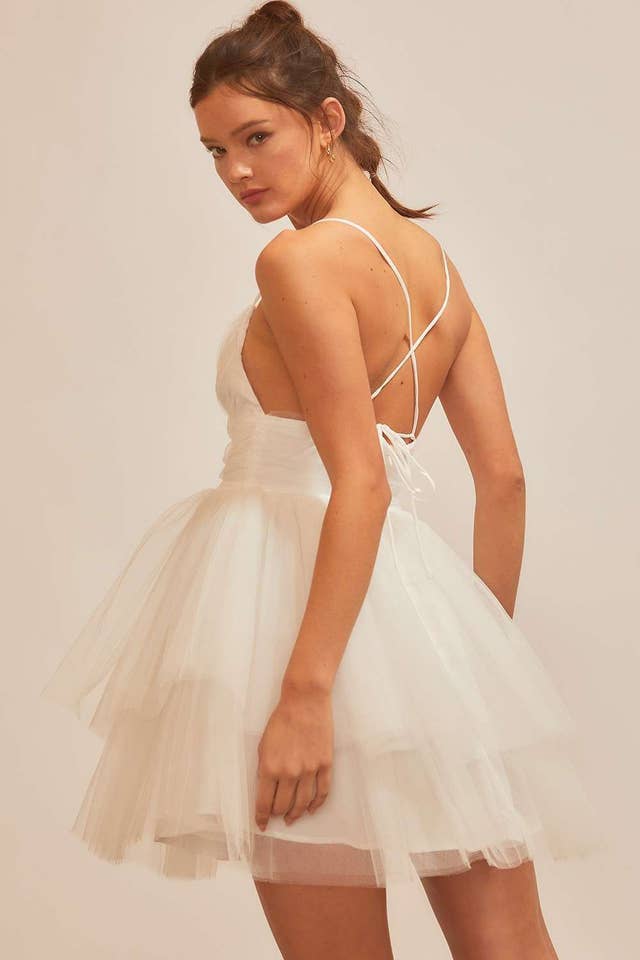 Main Strip - Wholesale Dress - Women's - Back Cross Tie Shirring Organza Mini Dress